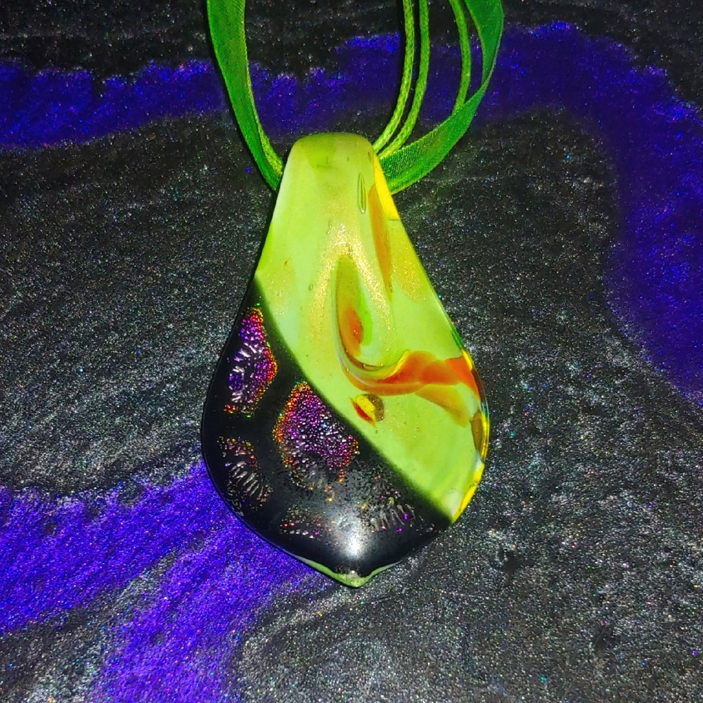 Vintage Elegant Green and Black Infused Glass Pendant Necklace w/ Hints of Gold